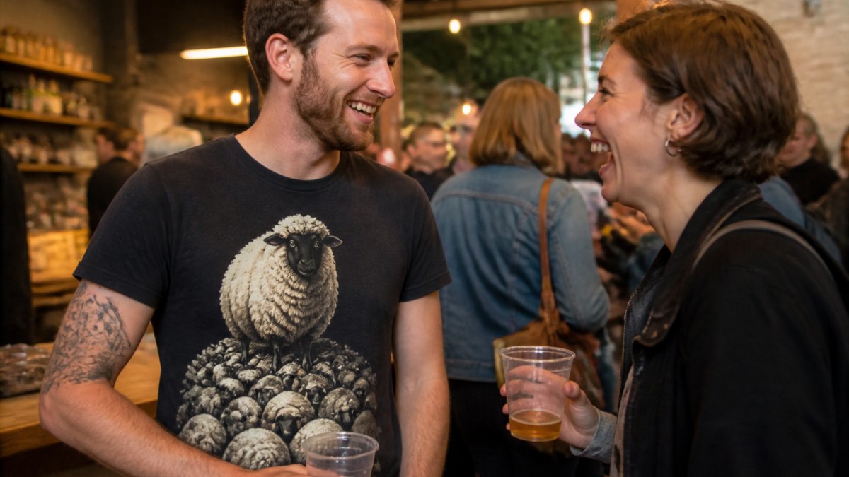 Two people laughing together at a casual social gathering, one wearing a witty graphic t-shirt with a clever design that draws genuine attention and sparks an authentic conversation