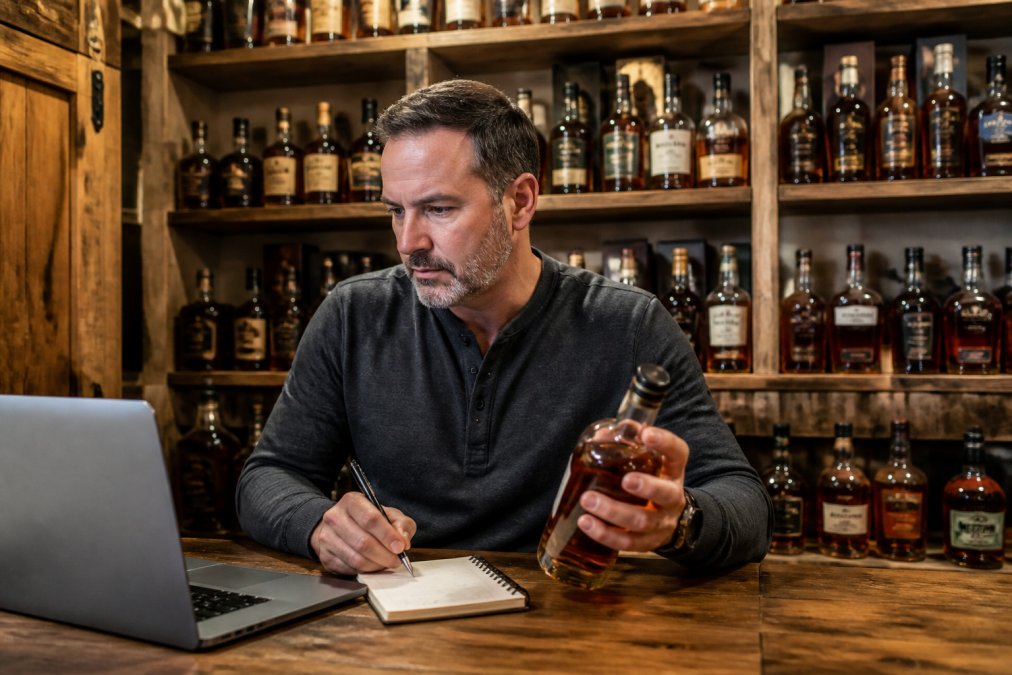 Bourbon collector reviewing organized bottles on a wooden shelf while using a laptop to log inventory details, with bourbon bottles displaying visible labels and a notepad nearby for reference