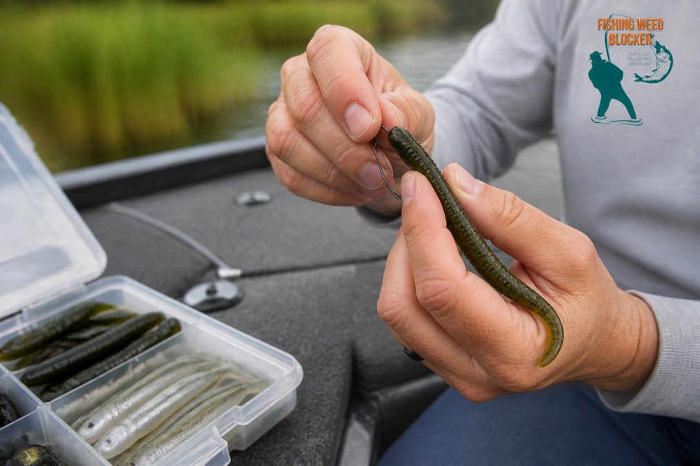 Angler threading a soft plastic bait onto an offset hook for weedless fishing on a boat deck