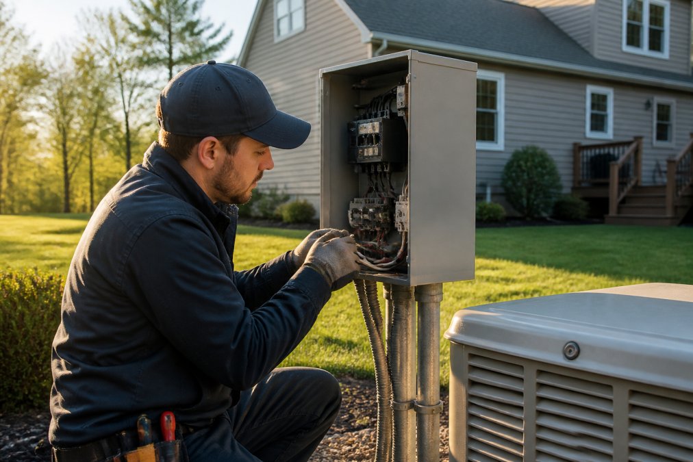 A licensed electrician in a residential backyard wiring the automatic transfer switch of a newly installed whole house standby generator, suburban home and green lawn behind him, late afternoon sunlight