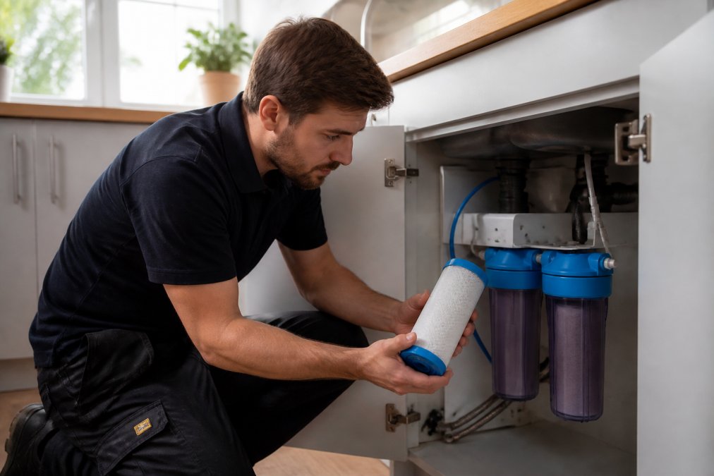 Professional technician inspecting water filter cartridge and connections at point-of-entry installation beneath kitchen sink with natural light
