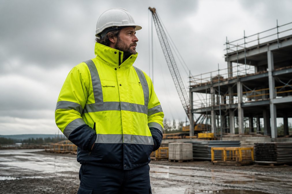 A construction worker wearing a high-visibility windproof jacket with reflective tape, standing on an outdoor site in windy overcast conditions