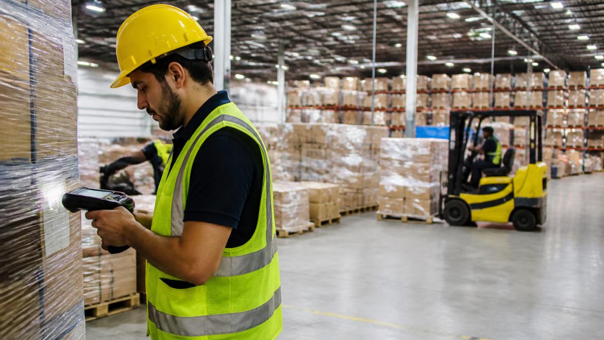 A warehouse associate in a safety vest and hard hat scanning inventory with a handheld device on a busy distribution center floor, forklifts moving pallets in the background under bright industrial lighting