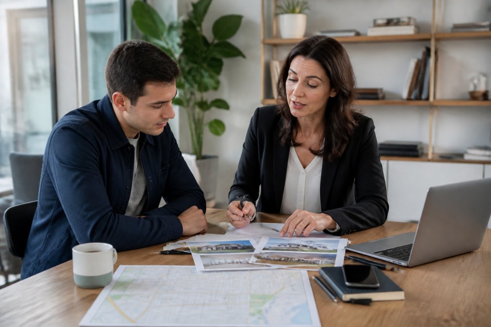 A first-time homebuyer consults with a buyer-exclusive real estate agent about property documents in a modern office