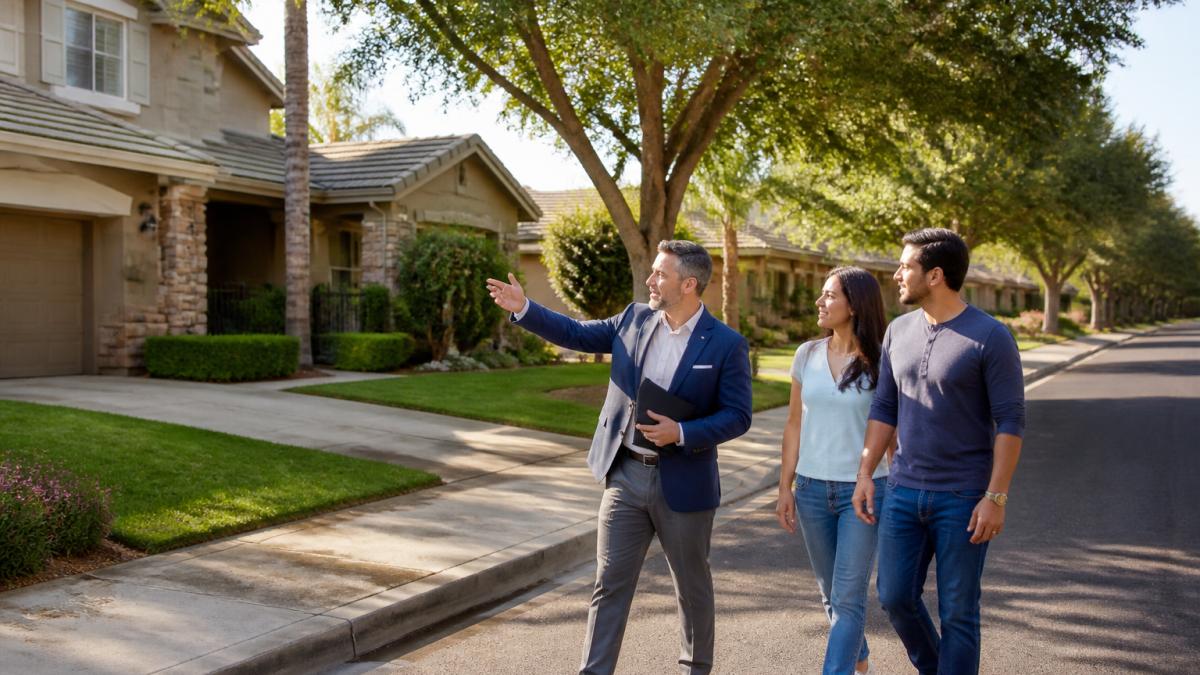 A local Chandler real estate agent guides a couple past suburban homes during a warm afternoon walk.