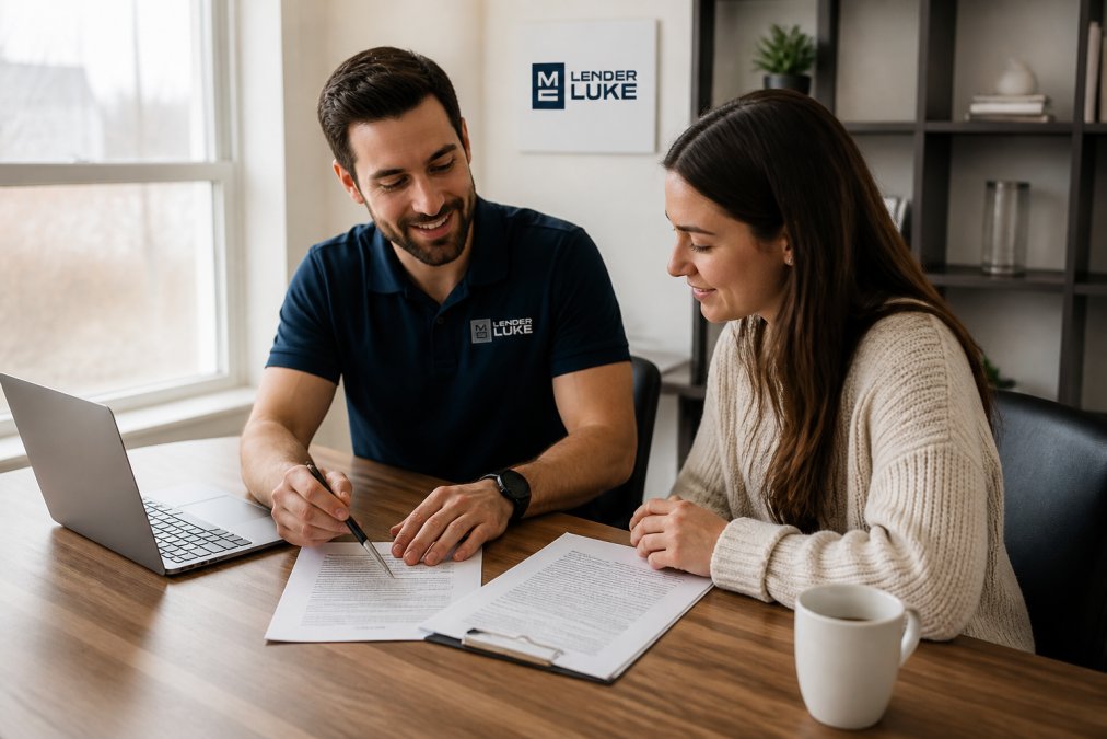 A mortgage broker and a first-time homebuyer reviewing loan documents together at a desk in a bright modern office, laptop open with rate comparison on screen