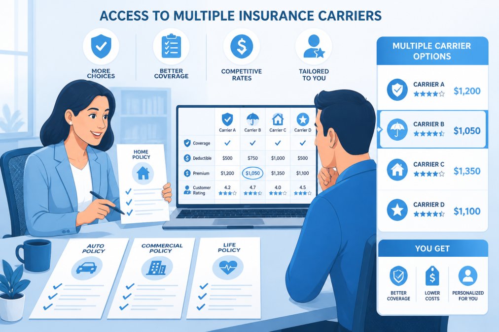 Insurance agent at a professional desk meeting with a client, reviewing multiple insurance policy documents and comparing coverage options with a laptop displaying different carrier quotes in a modern office setting with natural light