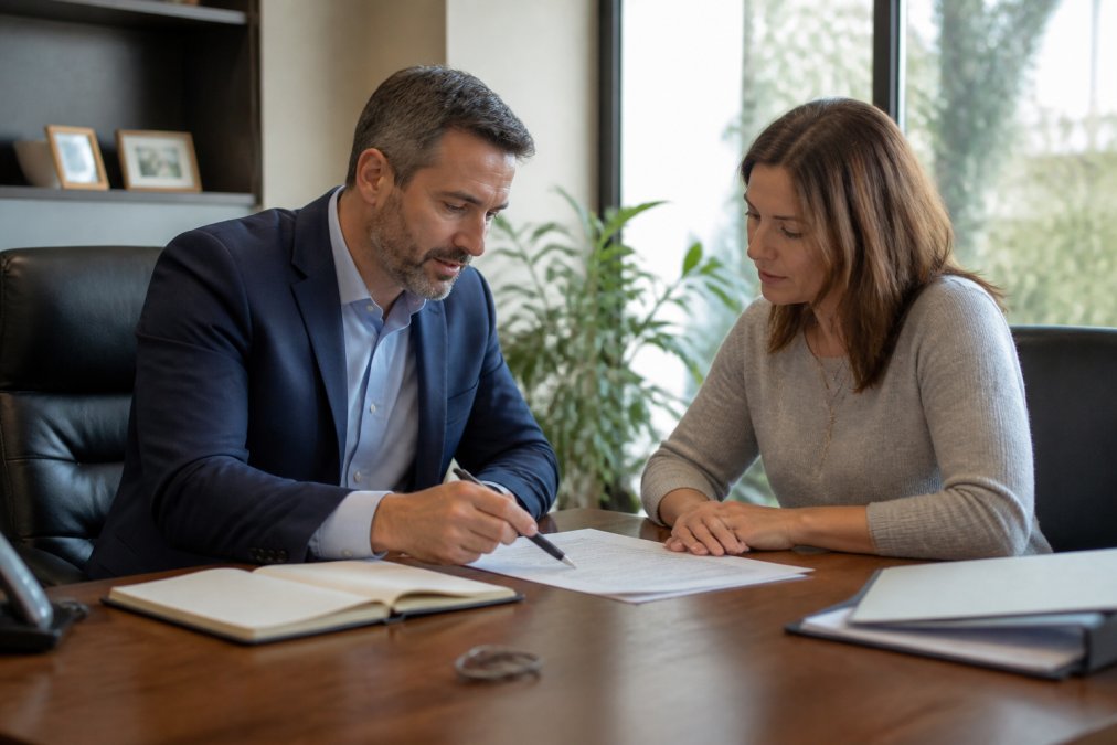 Insurance professional having a detailed consultation with a client at a modern office desk, reviewing customized policy documents while taking notes and explaining coverage options in natural daylight