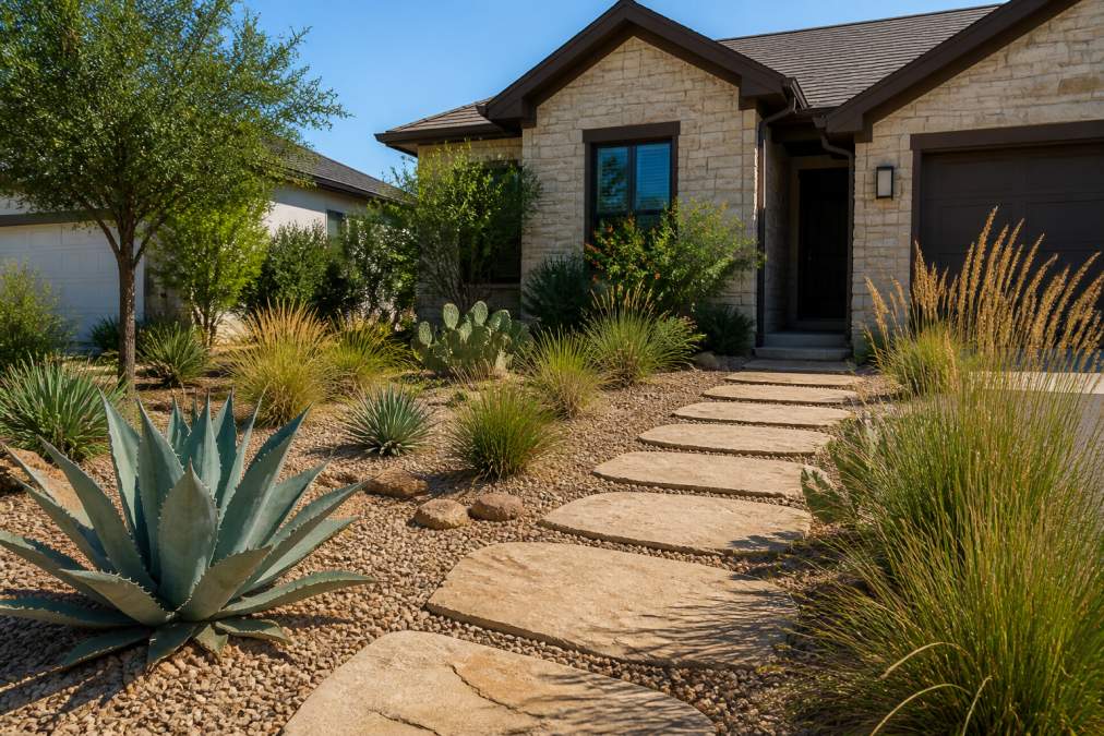 Drought-tolerant agave and native grasses in a gravel garden, showcasing the benefits of xeriscaping in Texas heat.
