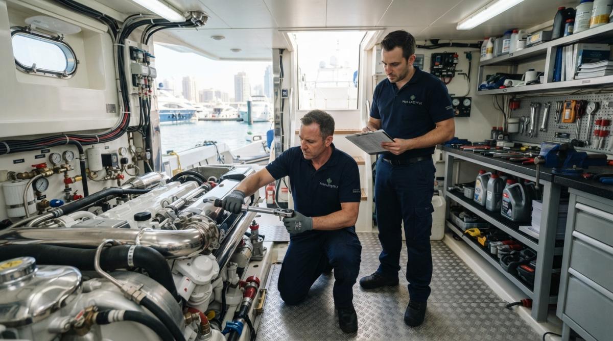 Professional yacht crew member performing hull maintenance and inspection work on luxury vessel during daylight, with crew using specialized equipment on the yacht's exterior