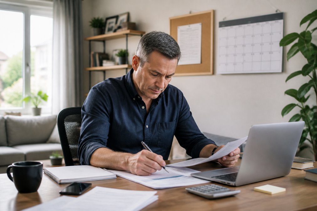 Small business owner sitting at a desk with financial documents and a laptop, looking focused and organized with a calendar and tax planning checklist visible on the wall in a bright home office setting