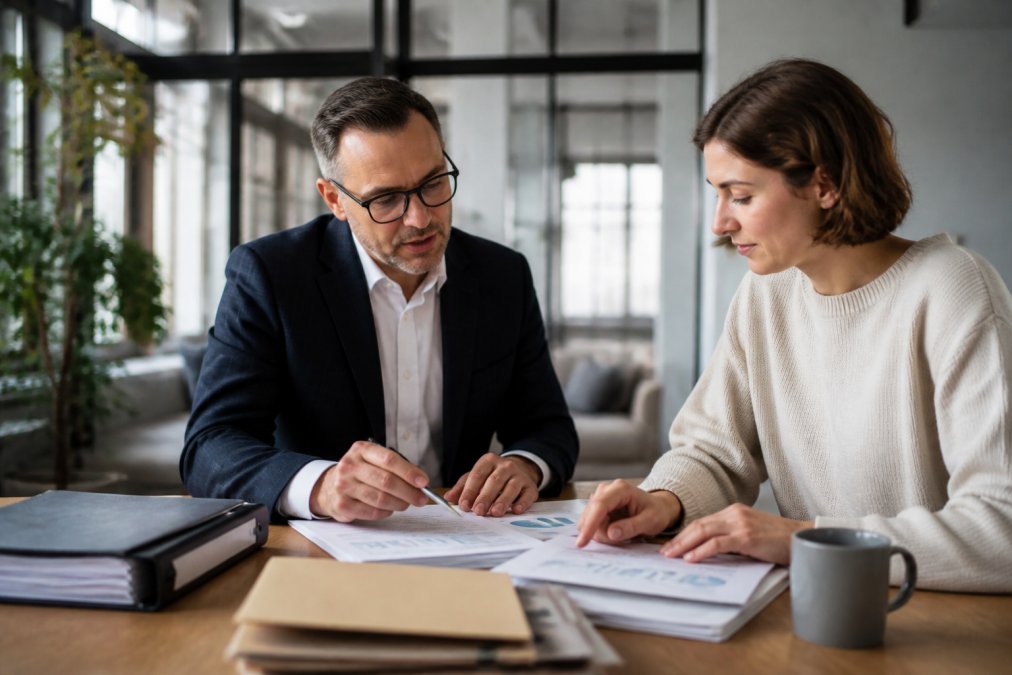 Professional accountant meeting with small business owner across a modern desk, reviewing financial documents and discussing tax strategy with a laptop and organized files visible in a bright contemporary office setting