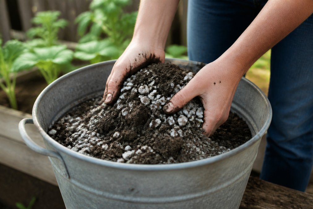 Close-up of hands mixing dark garden soil with small grey volcanic zeolite rocks in a metal bucket, green garden background softly blurred
