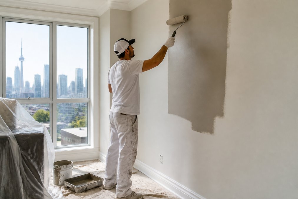 Professional painter applying premium interior paint to living room wall in modern Toronto home, demonstrating proper technique with roller and brush, natural light from large windows