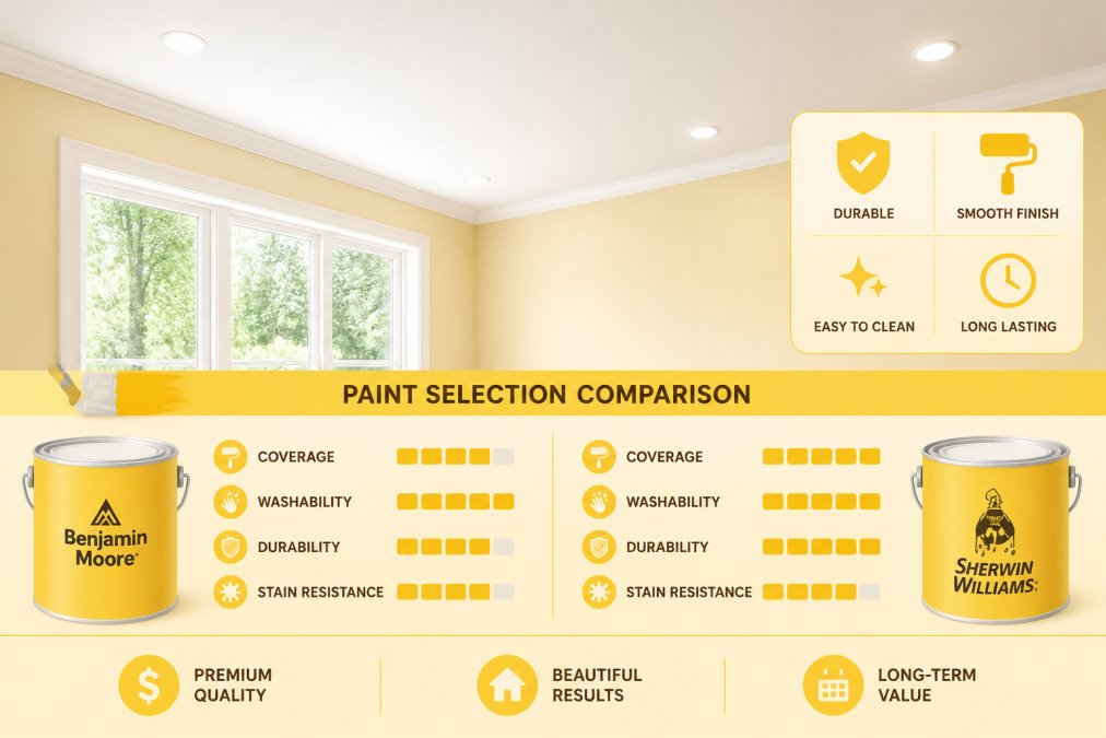 Freshly painted smooth ceiling in residential room with clean white finish, showing professional paint application and durability, natural light from windows