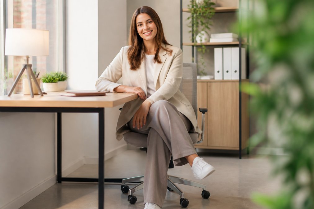 Frau in bequemer Business-Casual-Kleidung sitzt lächelnd an einem modernen Schreibtisch in einem hellen Büro.