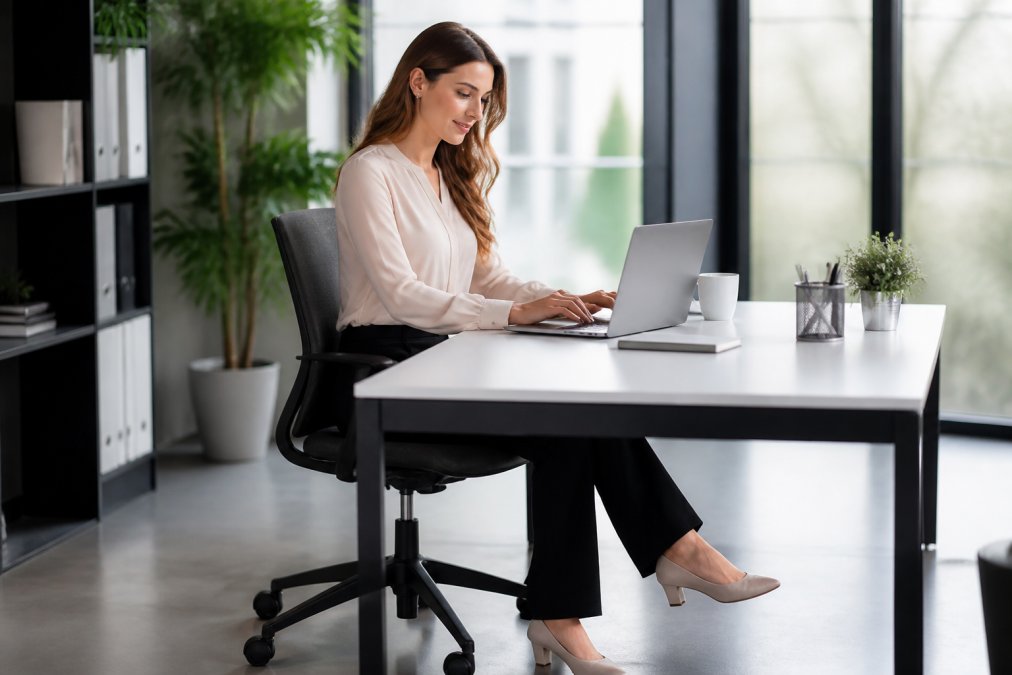 Eine Person in eleganter, bequemer Bürokleidung sitzt entspannt an einem aufgeräumten Schreibtisch in einem hellen, modernen Büro und arbeitet konzentriert am Laptop