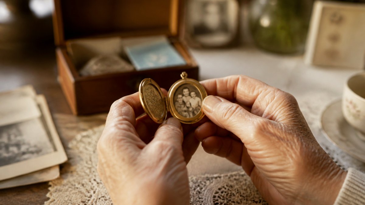 Close-up of hands holding an open memorial locket with soft golden light illuminating an old family photograph inside, with a blurred background of meaningful keepsakes