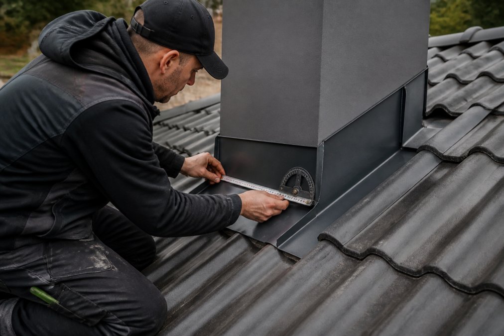 Håndverker som måler takvinkel med gradskive og målebånd på taktekking, viser nøyaktig teknikk for vinkelmåling på metallbeslag