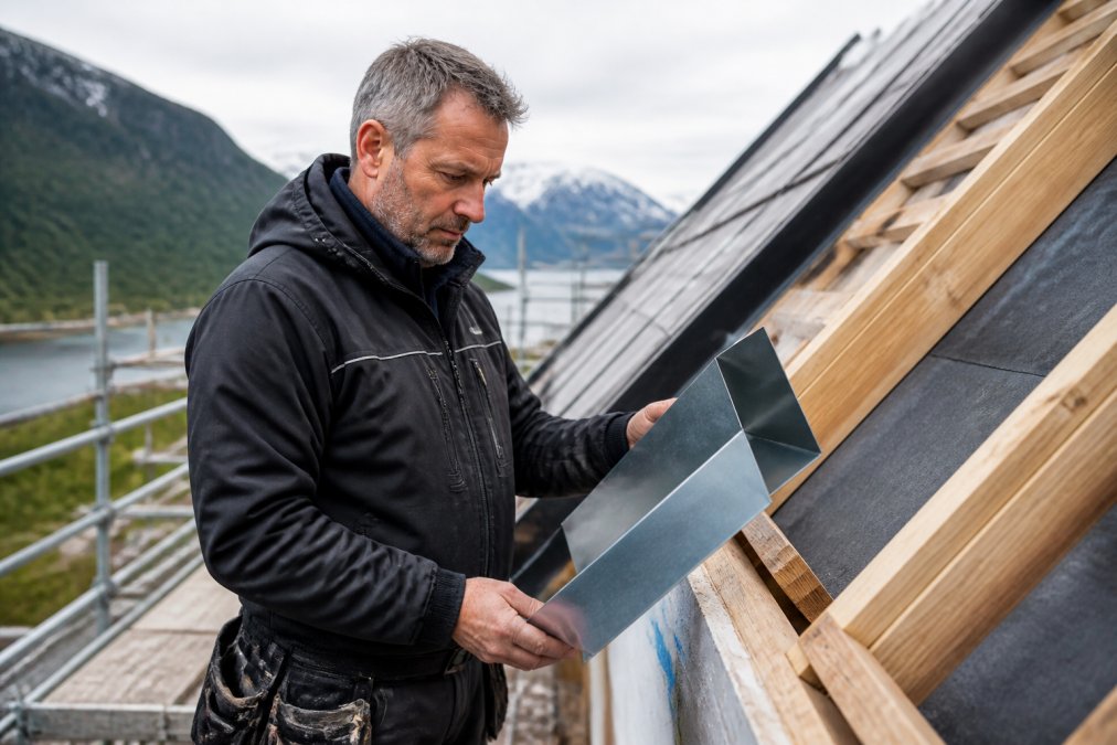 Byggeleder som gjennomgår tekniske tegninger og målinger på nettbrett mens han holder metallbeslag på byggeplass