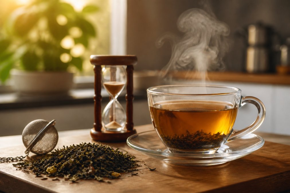 Steaming cup of loose leaf tea with dried herbs and a brewing timer on a wooden kitchen counter in morning light
