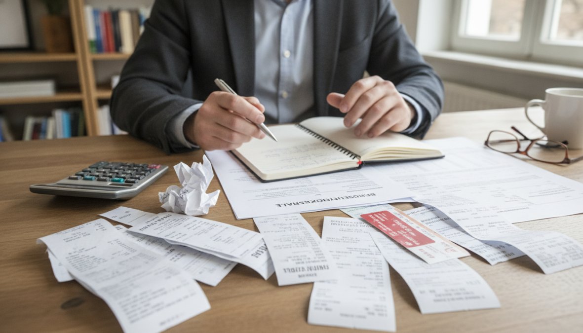 Person am Schreibtisch mit Taschenrechner, Notizbuch und Quittungen, die Berufsausgaben dokumentiert