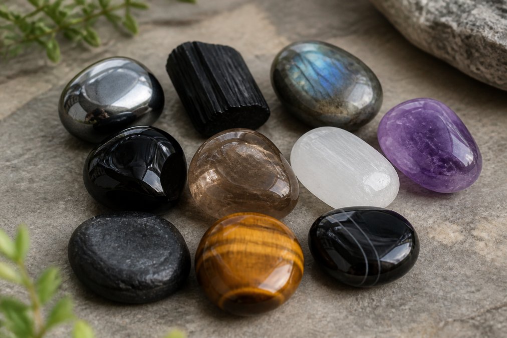 Close-up van diverse beschermende edelstenen (hematiet, zwarte toermalijn, labradoriet, amethist, obsidiaan, rookkwarts, seleniet, shungiet, tijgeroog, onyx) op een neutrale ondergrond met natuurlijk licht