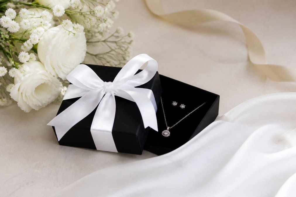 Schmuckgeschenk in stilvoller schwarzer Geschenkbox mit eleganter weißer Schleife, auf heller Oberfläche arrangiert, mit fokussiertem Blick auf die Verpackung und die Schmuckdetails