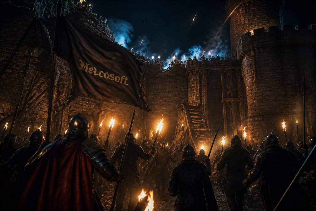 Ночная сцена осады замка в фэнтезийной MMORPG: игроки в доспехах с факелами и знамёнами клана штурмуют каменные стены, на заднем плане светящиеся магические эффекты и силуэты защитников на башнях