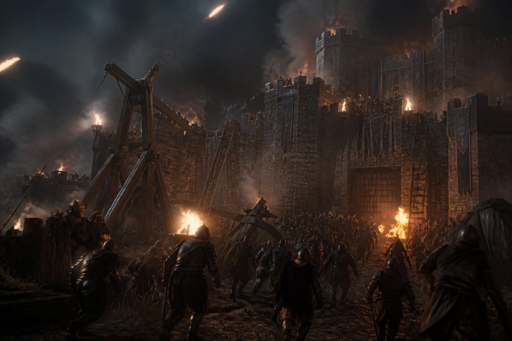 Эпическая ночная осада замка в фэнтезийной MMORPG: десятки игроков в доспехах штурмуют крепостные стены по лестницам, магические заклинания освещают тёмное небо, осадные орудия бьют в ворота, вокруг клубы дыма и факелы