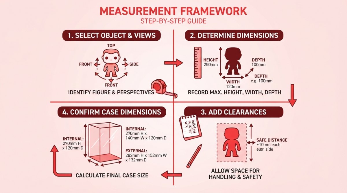 Close-up of hands holding a steel tape measure against a collectible figure, with a notepad showing handwritten measurements and dimensions, natural office lighting highlighting the precision work
