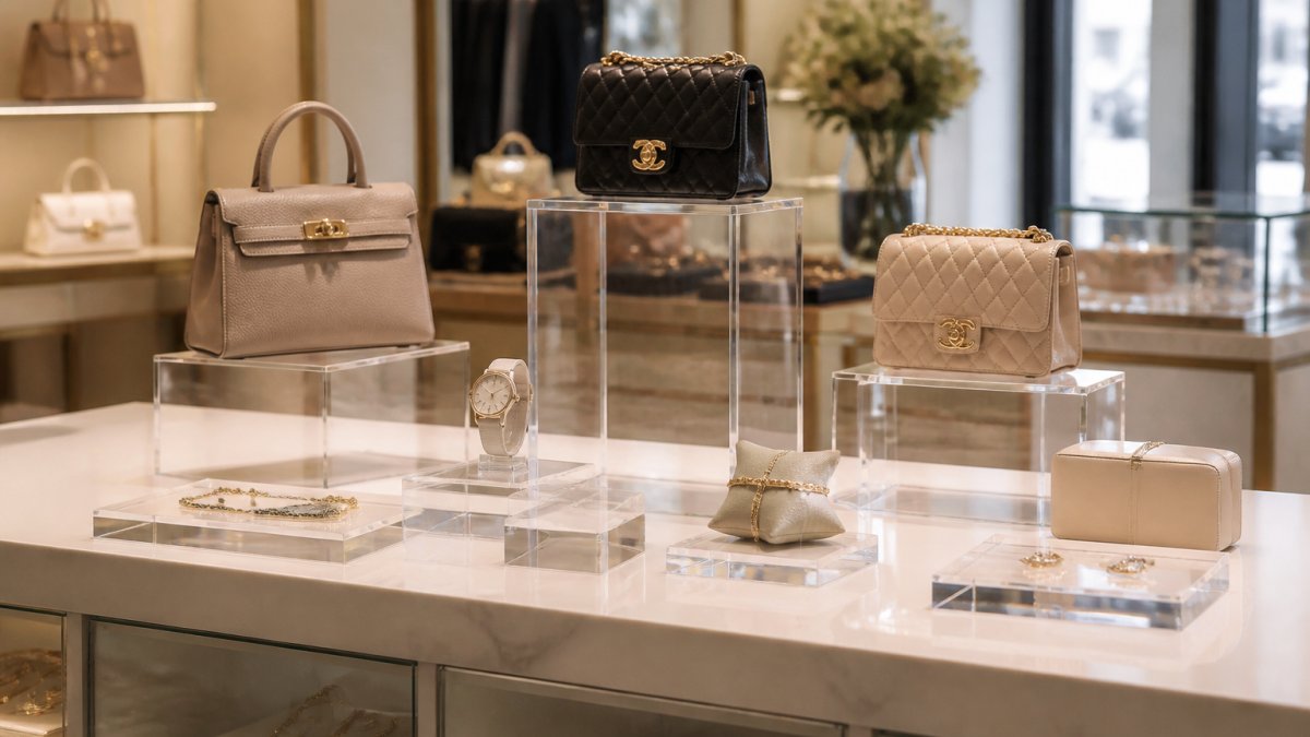 Professional retail boutique counter displaying luxury items on clear acrylic risers of varying heights, with soft lighting highlighting the products and transparent stands