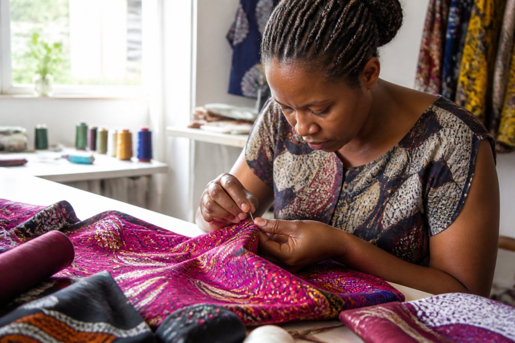 Close-up of a female artisan's hands carefully stitching a vibrant, richly patterned fabric on a worktable in a well-lit atelier, with spools of thread and fabric swatches visible in soft natural light