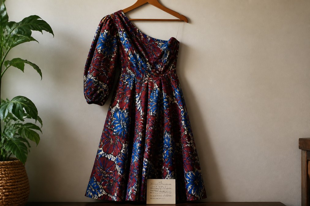 A beautifully made occasion dress in bold African-inspired print hanging on a wooden hanger against a clean, neutral-toned wall, with a small handwritten provenance card resting against the lower hem in soft ambient light