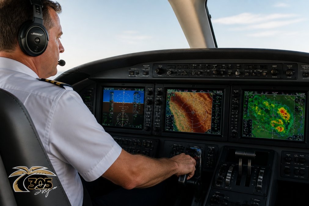 Pilot in modern glass cockpit with digital instrumentation displays showing terrain awareness, weather radar integration, and multi-function display screens with real-time flight data