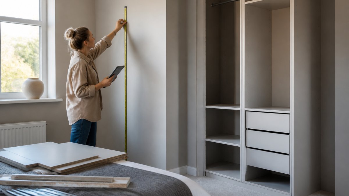 Interior designer measuring bedroom wall space with tape measure while reviewing custom wardrobe carcass specifications on tablet, natural daylight from window