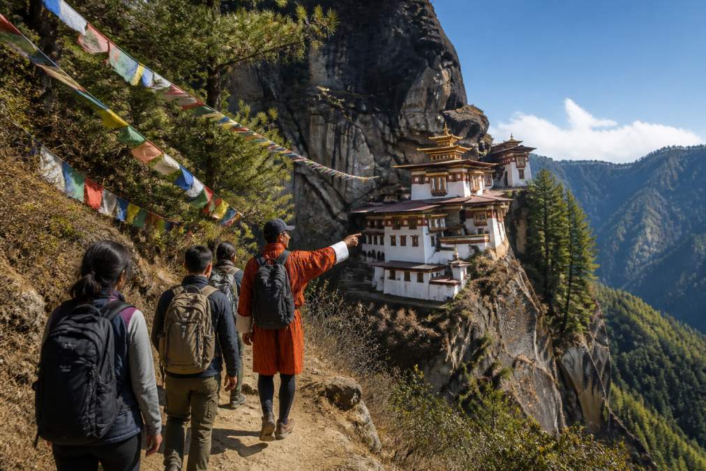 A private guide leads travelers on a scenic Himalayan trail, a key highlight of a bespoke Bhutan itinerary.