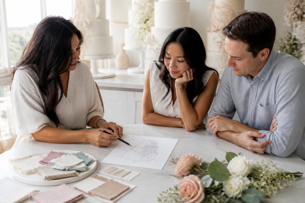 Flowchart of the bespoke cake design revision process explained through a couple's consultation in a studio.