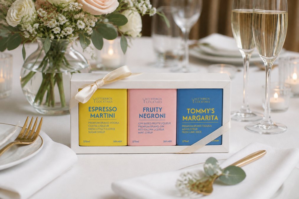 Elegantly wrapped bespoke cocktail box with custom label sitting on a white wedding table setting with fresh flowers, napkins, and champagne glasses in soft natural light