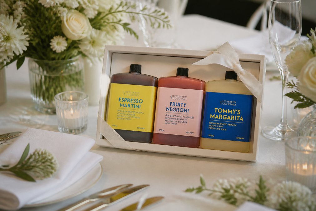 Professional illustration showing bespoke cocktail boxes wedding favours