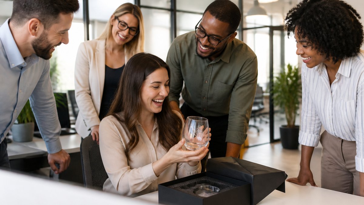 A team member receiving a custom-etched glassware gift at their desk in a bright office, surrounded by smiling colleagues, showing genuine appreciation and connection