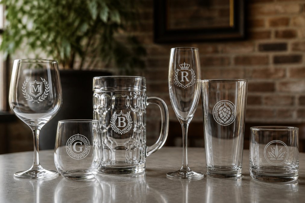 Close-up of an array of different branded glassware styles, wine glasses, beer steins, champagne flutes, and tumblers, each with custom logos etched or engraved, arranged on a neutral surface with soft natural lighting to show detail and clarity of the designs