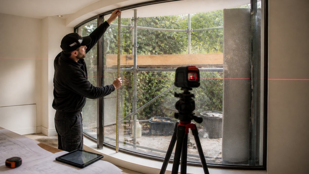 Professional installer carefully measuring curved opening dimensions with flexible rule and laser level, recording measurements on site plan with digital tablet
