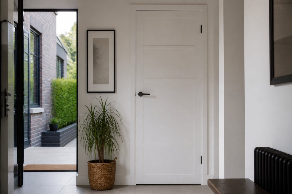 A white primed timber door with geometric panel design installed in a modern home entrance, showing the door frame, hardware detail, and surrounding wall finish in natural daylight