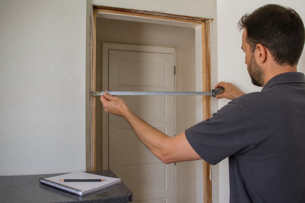A close-up of a homeowner's hands using a metal tape measure to measure a door opening's height and width, with a notebook and pencil on a nearby surface for recording measurements, showing the wall frame and existing door in soft indoor lighting