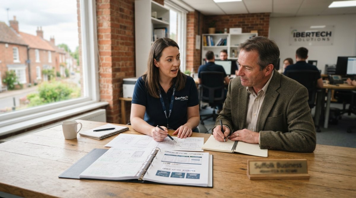 Small business owner reviewing analytics and sales data on a laptop with a team member in a bright, modern office setting
