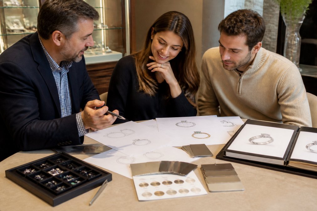 Jeweller and couple seated at consultation table reviewing design sketches, CAD renderings, and colour swatches under warm studio lighting, with gemstone samples and design portfolio visible