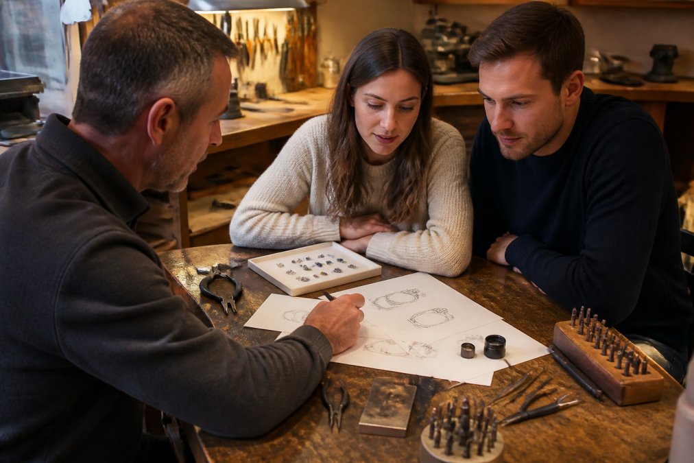 A jeweller and a couple sitting together at a workshop bench, reviewing ring sketches and a tray of loose gemstones under warm lighting, with hand tools and a magnifying loupe visible on the desk