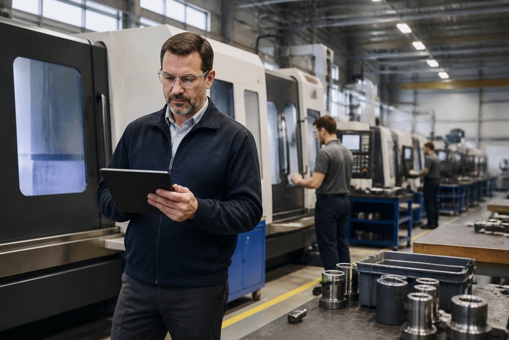 Manufacturing supervisor reviewing production status on a tablet while standing near active CNC machines, with operators working in the background under overhead lighting