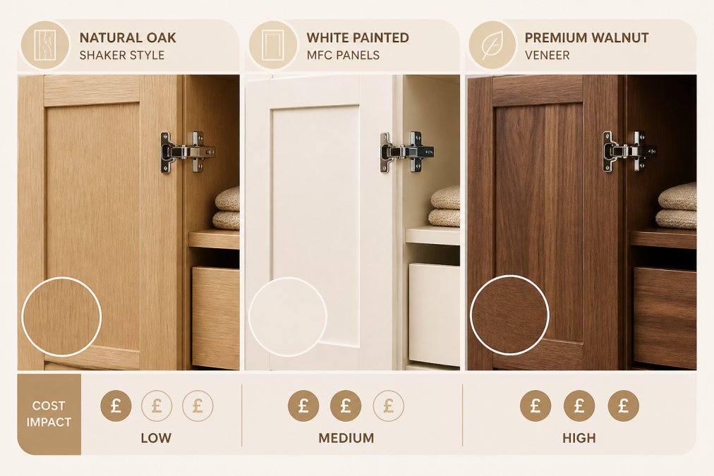 Close-up of different wardrobe door finishes and materials displayed side by side, showing shaker style doors in natural oak, white painted MFC panels, and premium walnut veneer samples with soft-close hinges visible in polished chrome